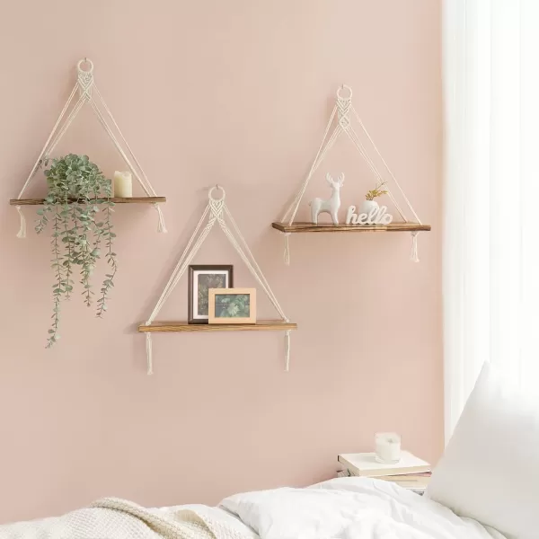 imageMkono Macrame Hanging Shelves Boho Wall Decor Set of 3 Rustic Wood Floating Storage Shelf for Bedroom Bathroom Living Room Nursery Dorm Room Display Shelving for Hanging Plants PhotosWhite