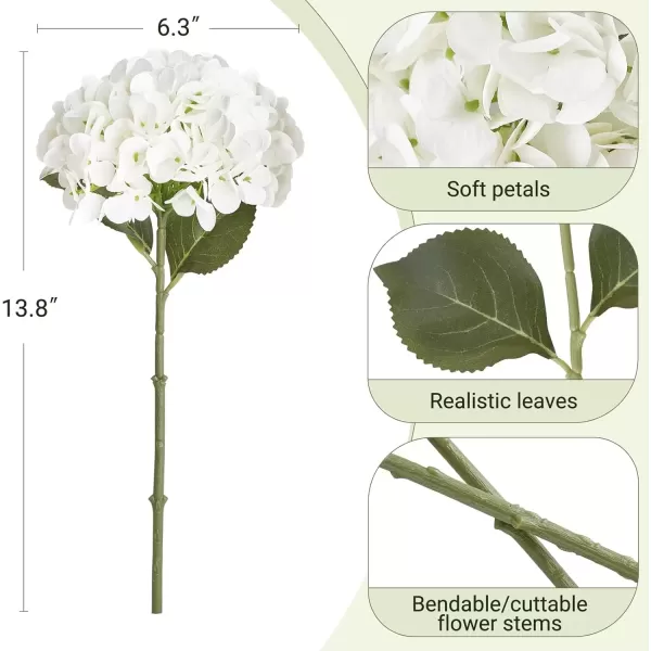 imageMkono 6 Pack Artificial Hydrangea White Fake Folwers with Long Stem and Leaves Faux Floral Real Touch Decorative Flowers for Home Decor Wedding Party Decorations White