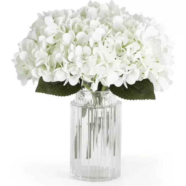 imageMkono 6 Pack Artificial Hydrangea White Fake Folwers with Long Stem and Leaves Faux Floral Real Touch Decorative Flowers for Home Decor Wedding Party Decorations White