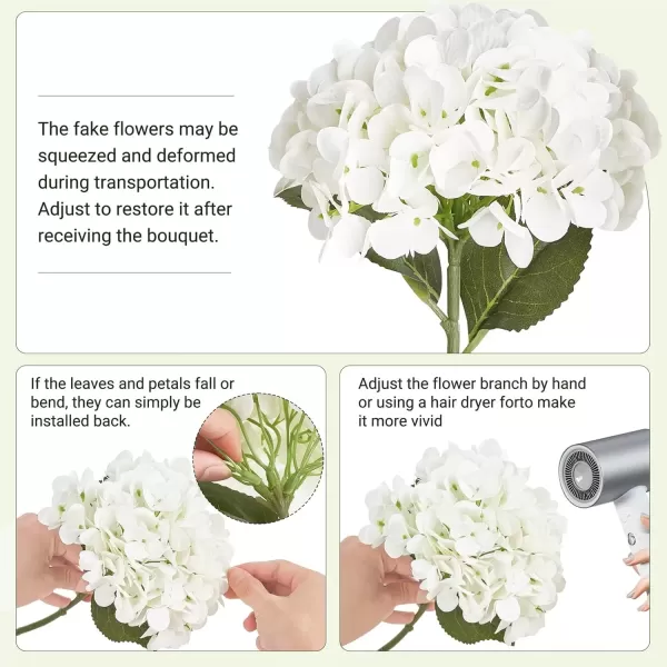 imageMkono 6 Pack Artificial Hydrangea White Fake Folwers with Long Stem and Leaves Faux Floral Real Touch Decorative Flowers for Home Decor Wedding Party Decorations White