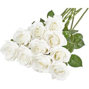 imageMkono Rose Artificial Flowers 10 PCS Fake Rose Bouquet Silk Faux Flowers with Long Stem Realistic Blossom Roses for Home Decor Wedding Party Decorations RedWhite