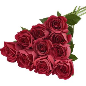 imageMkono Rose Artificial Flowers 10 PCS Fake Rose Bouquet Silk Faux Flowers with Long Stem Realistic Blossom Roses for Home Decor Wedding Party Decorations RedRed