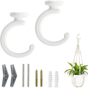 imageMkono Ceiling Hooks for Hanging Plants Swag Hook Plant Wall Hanger Heavy Duty for Hanging Planter Chandeliers Wind Chimes Indoor Outdoor Decorative Hooks 2 Pack White