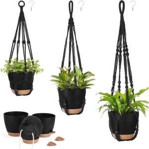 imageMkono Hanging Planters Macrame Plant Hangers with Self Watering Plant Pots Indoor Set of 3 Hanging Baskets Flower Pot Holders with Hooks No Tassels 3 Different Size for Boho Home DecorBlack