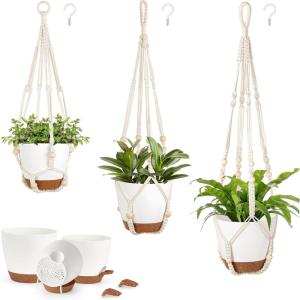 imageMkono Hanging Planters Macrame Plant Hangers with Self Watering Plant Pots Indoor Set of 3 Hanging Baskets Flower Pot Holders with Hooks No Tassels 3 Different Size for Boho Home DecorIvory