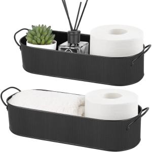 imageMkono Metal Storage Basket for Toilet Tank Top Bathroom Decor Galvanized Tray with Handle for Shelves Farmhouse Toilet Paper Holder Organizing Bin Box for Countertop Living Room Set of 2 BlackBlack
