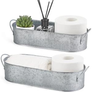 imageMkono Metal Storage Basket for Toilet Tank Top Bathroom Decor Galvanized Tray with Handle for Shelves Farmhouse Toilet Paper Holder Organizing Bin Box for Countertop Living Room Set of 2 BlackSilver