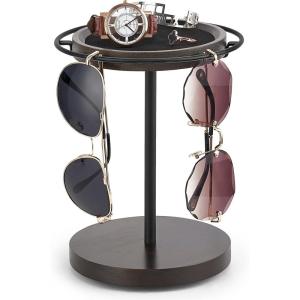 imageMkono 360 Rotating Sunglasses Organizer Glasses Holder Stand Metal Frame with Wood Base and Tray Eyeglasses Storage Display Rack for up to 12 Pairs of Eyewear for Table Dresser Desk Bedroom BlackBlack