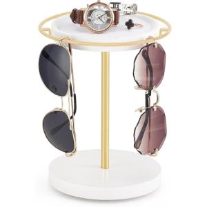 imageMkono 360 Rotating Sunglasses Organizer Glasses Holder Stand Metal Frame with Wood Base and Tray Eyeglasses Storage Display Rack for up to 12 Pairs of Eyewear for Table Dresser Desk Bedroom BlackGold