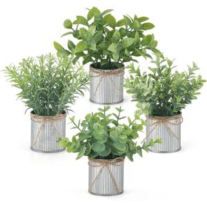 imageMkono 4 Packs Small Fake Plants in Farmhouse Galvanized Pots Table Centerpiece Mini Potted Artificial Plants Faux Eucalyptus for Shelf Office Rustic Home Decor WhiteGrey