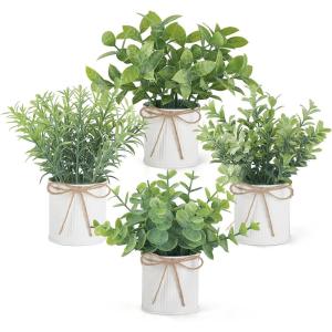 imageMkono 4 Packs Small Fake Plants in Farmhouse Galvanized Pots Table Centerpiece Mini Potted Artificial Plants Faux Eucalyptus for Shelf Office Rustic Home Decor WhiteWhite