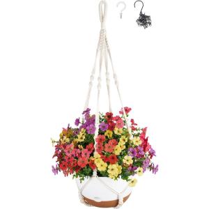 imageMkono Artificial Hanging Flowers for Outdoor Decor with 10 Inch Hanging Planters Macrame Plant Hangers with Self Watering Pots 2 Kinds of Hanging Basket for Garden Porch Home Patio Balcony Yard