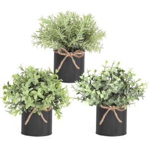 imageMkono Fake Plants in Farmhouse Galvanized Metal Pots Table Centerpiece Rustic Home Decor 3 Pack Potted Artificial Plants Faux Eucalyptus for Shelf Indoor Dining Room OfficeBlack