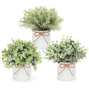 imageMkono Fake Plants in Farmhouse Galvanized Metal Pots Table Centerpiece Rustic Home Decor 3 Pack Potted Artificial Plants Faux Eucalyptus for Shelf Indoor Dining Room OfficeWhite