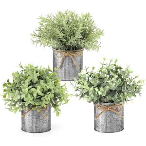 imageMkono Fake Plants in Farmhouse Galvanized Metal Pots Table Centerpiece Rustic Home Decor 3 Pack Potted Artificial Plants Faux Eucalyptus for Shelf Indoor Dining Room OfficeGrey
