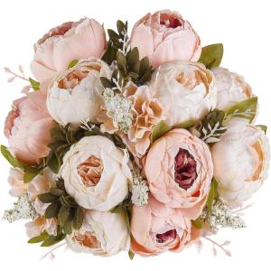 imageMkono Peonies Artificial Flowers 2 Packs 13 Stems Faux Peony Flowers Real Touch Fake Silk Bouquet for Arrangements Dining Table Centerpieces for Kitchen Bridal Wedding Party Decor Light PinkLight Pink
