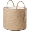 imageMkono Woven Storage Basket Decorative Natural Rope Basket Wooden Bead Decoration for BlanketsToysClothesShoesPlant Organizer Bin with Handles Living Room Home Decor 16quotx13quot White and BrownBrown