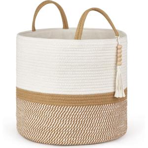imageMkono Woven Storage Basket Decorative Natural Rope Basket Wooden Bead Decoration for BlanketsToysClothesShoesPlant Organizer Bin with Handles Living Room Home Decor 16quotx13quot White and BrownWhite and Brown