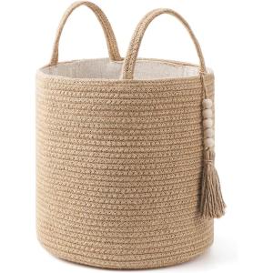 imageMkono Woven Storage Basket Decorative Natural Rope Basket Wooden Bead Decoration for BlanketsToysClothesShoesPlant Organizer Bin with Handles Living Room Home Decor 16quotx13quot White and BrownBrown