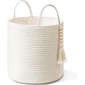 imageMkono Woven Storage Basket Decorative Natural Rope Basket Wooden Bead Decoration for BlanketsToysClothesShoesPlant Organizer Bin with Handles Living Room Home Decor 16quotx13quot White and BrownWhite