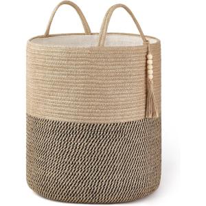 imageMkono Woven Storage Basket Decorative Natural Rope Basket Wooden Bead Decoration for BlanketsToysClothesShoesPlant Organizer Bin with Handles Living Room Home Decor 16quotx13quot White and BrownYellow and Black