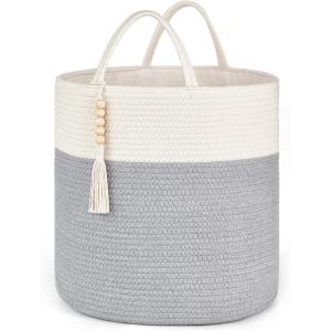 imageMkono Woven Storage Basket Decorative Natural Rope Basket Wooden Bead Decoration for BlanketsToysClothesShoesPlant Organizer Bin with Handles Living Room Home Decor 16quotx13quot White and BrownGrey and White