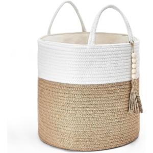 imageMkono Woven Storage Basket Decorative Natural Rope Basket Wooden Bead Decoration for BlanketsToysClothesShoesPlant Organizer Bin with Handles Living Room Home Decor 16quotx13quot White and BrownWhite and Yellow