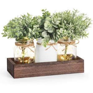 imageMkono Mason Jar Table Centerpiece for Dining Room Farmhouse Decor with Wood Tray Table Decor Wedding Decoration for Living Room BathroomEucalyptus