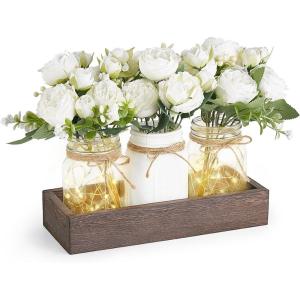 imageMkono Mason Jar Table Centerpiece for Dining Room Farmhouse Decor with Wood Tray Table Decor Wedding Decoration for Living Room BathroomFloral