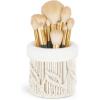 imageMkono Macrame Makeup Brush Holder Boho Organizer Plush Lined Woven Basket Comb Brushes Mini Storage Home Decor for Glasses Pen Pencil Box Container Ivory