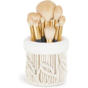 imageMkono Macrame Makeup Brush Holder Boho Organizer Plush Lined Woven Basket Comb Brushes Mini Storage Home Decor for Glasses Pen Pencil Box Container Ivory