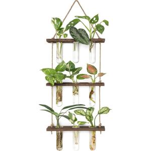imageMkono Plant Propagation Tubes 3 Tiered Wall Hanging Terrarium with Wooden Stand Flower Vase Test Tube Glass Planter Stations for Hydroponic Cutting Home Garden Office Decor Brown SmallBrown