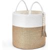 imageMkono Woven Storage Basket Decorative Natural Rope Basket Wooden Bead Decoration for BlanketsToysClothesShoesPlant Organizer Bin with Handles Living Room Home Decor 16quotW  138quotLWhite and Yellow
