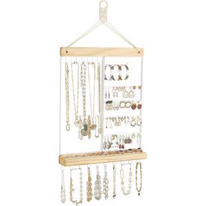 imageMkono Hanging Jewelry Organizer Wall Mounted Earring Holder Metal Necklace Holder Wood Shelf with 55 Holes and 7 Hooks Display Rack For Storage Bracelet Rings Ear Studs Accessories Women Bedroom Decor