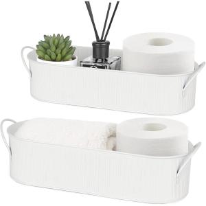 imageMkono Metal Storage Basket for Toilet Tank Top Bathroom Decor Galvanized Tray with Handle for Shelves Farmhouse Toilet Paper Holder Organizing Bin Box for Countertop Living Room Set of 2 WhiteWhite