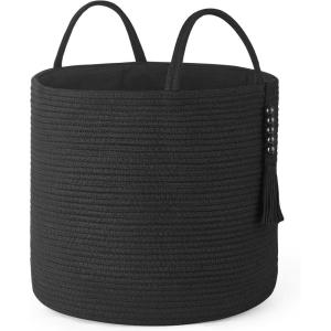 imageMkono Woven Storage Basket Decorative Natural Rope Basket Wooden Bead Decoration for BlanketsToysClothesShoesPlant Organizer Bin with Handles Living Room Home Decor 16quotW  138quotLBlack