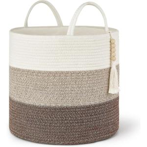imageMkono Woven Storage Basket Decorative Natural Rope Basket Wooden Bead Decoration for BlanketsToysClothesShoesPlant Organizer Bin with Handles Living Room Home Decor 16quotW  138quotLGradient Brown