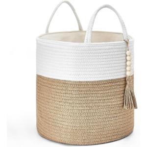 imageMkono Woven Storage Basket Decorative Natural Rope Basket Wooden Bead Decoration for BlanketsToysClothesShoesPlant Organizer Bin with Handles Living Room Home Decor 16quotW  138quotLWhite and Yellow