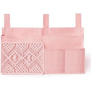 imageMkono Bedside Caddy Hanging Organizer Bunk Woven 7 Pockets Bed Storage Bag Boho Remote Magazine Books Holder with Macrame for Loft Bed College Dorm Bedroom Baby Bed Rails Pink7 PocketsPink
