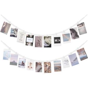 imageMkono Hanging Photo Display with Clips Boho Wooden Bead Garland Banner Collage Card Picture Kids Art Holder String with 10 Clips for Christmas Bedroom Dorm Decor Teen Girl Gifts Mutil 2 PackWhite
