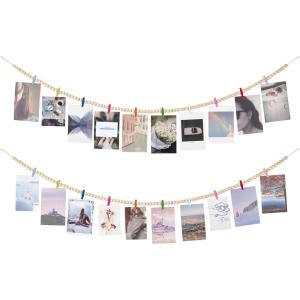 imageMkono Hanging Photo Display with Clips Boho Wooden Bead Garland Banner Collage Card Picture Kids Art Holder String with 10 Clips for Christmas Bedroom Dorm Decor Teen Girl Gifts Mutil 2 PackMutil