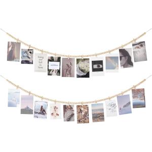 imageMkono Hanging Photo Display with Clips Boho Wooden Bead Garland Banner Collage Card Picture Kids Art Holder String with 10 Clips for Christmas Bedroom Dorm Decor Teen Girl Gifts Mutil 2 PackBrown