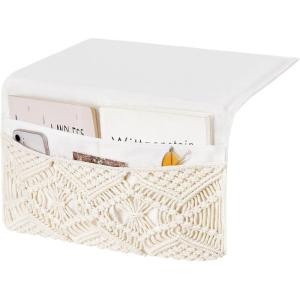 imageMkono Macrame Bedside Caddy Storage Organizer Boho Remote Control Tablet Magazine Holder with 4 Pockets Nonslip Countertop Bedside Caddy for Home Bedroom Living Room College Dorm Bed Ivory LargeLargeIvory