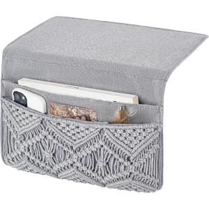 imageMkono Macrame Bedside Caddy Storage Organizer Boho Remote Control Tablet Magazine Holder with 4 Pockets Nonslip Countertop Bedside Caddy for Home Bedroom Living Room College Dorm Bed Ivory LargeMediumGrey