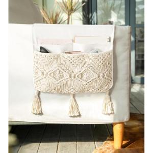 imageMkono Macrame Sofa Armrest Organizer Remote Control Holder Couch Bedside Armchair Caddy Storage Basket Bag for TV Remote Control Magazine Books Cell Phone iPad Boho Home Dorm Decor Beige LargeLargeBeige