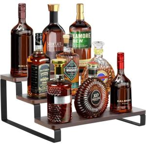 imageMkono Liquor Bottle Display Shelf 3 Tier Coffee Bar Accessories Rustic Syrup Stand Wine Racks Countertop for Whiskey Tabletop Kitchen Party