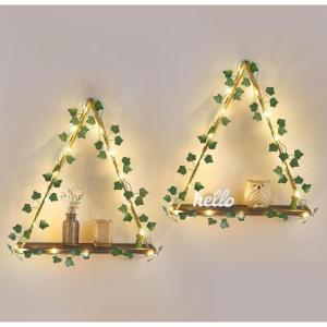 imageMkono Artificial Ivy Macrame Hanging Shelves with Lights Set of 2 Boho Wall Decor Display Plants Photos Wood Floating Storage Shelf for Bedroom Bathroom Living Room Nursery Dorm Kitchen