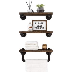 imageMkono Floating Shelves with Industrial Pipe Brackets and Towel Bar Set of 3 Rustic Bathroom Shelf Wall Mounted Shelves Wood Storage Shelving Home Decor for Bedroom Kitchen Living Room