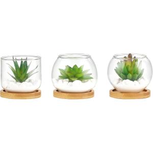 imageMkono Artificial Succulent in Clear Glass Pot 3 Mini Potted Fake Plants for Women Office Decor Small Faux Green Plant with BambooTray for Bookshelf Bathroom Kitchen Tabletop Centerpiece