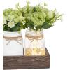 imageMkono Mason Jar Lights Centerpiece Table Decorations for Dining Room Farmhouse Coffee Table Decor Wood Tray with 3 Jars Flowers for Kitchen Living Dining Room Light GreenLight Green